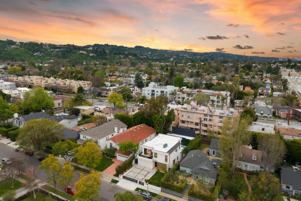 An aerial sunset view of newly constructed homes in San Jose