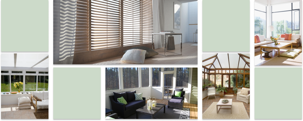 Collage of images of various sunrooms and light green boxes