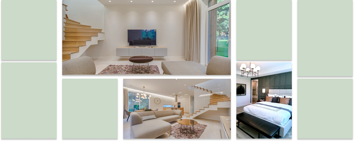 Collage of images of modern rooms and light green boxes