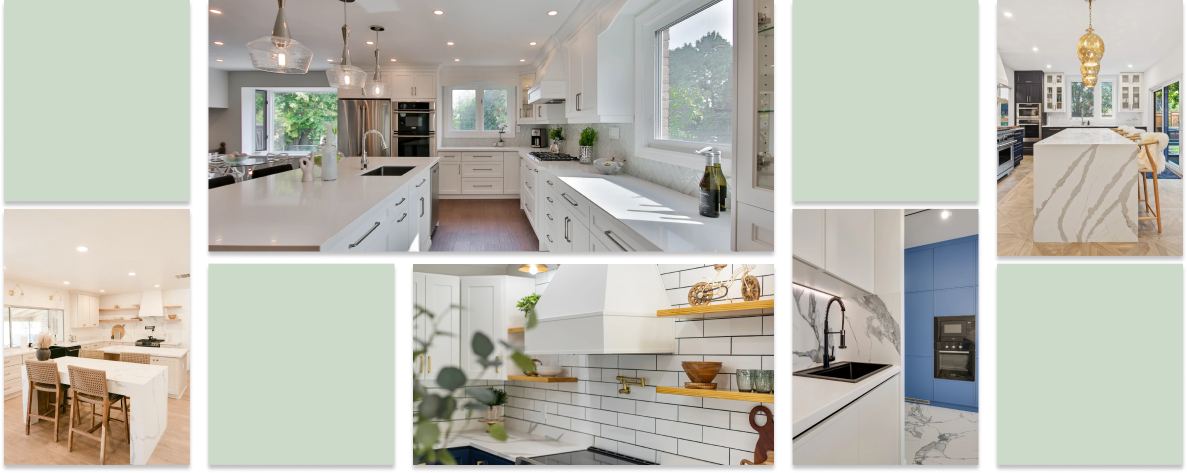 Collage of images of remodeled kitchens and light green boxes