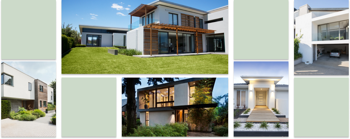 Collage of new construction exteriors and light green boxes