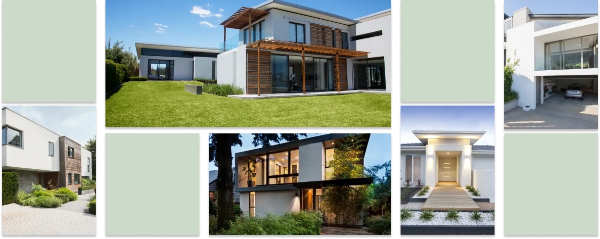 Collage of green boxes and photos of contemporary home exteriors