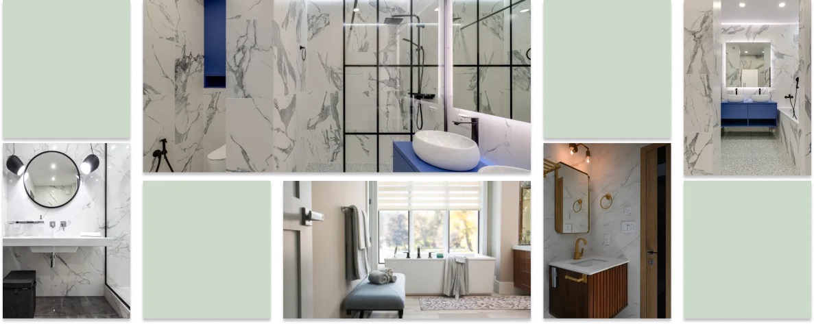 Collage of green boxes and photos of custom bathroom remodels