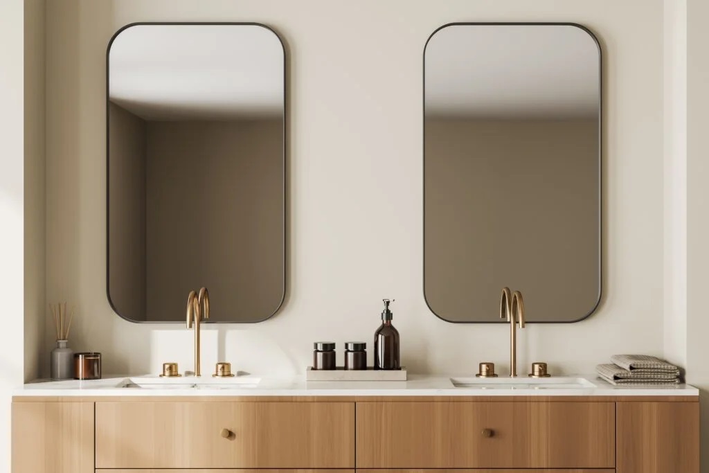 Closeup of double vanity and mirrors in custom bathroom remodel