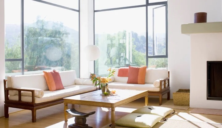 Interior of living room with large windows