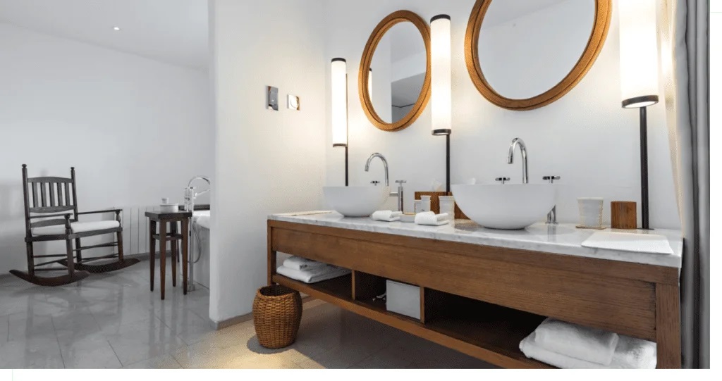 Interior of modern bathroom with double vanity