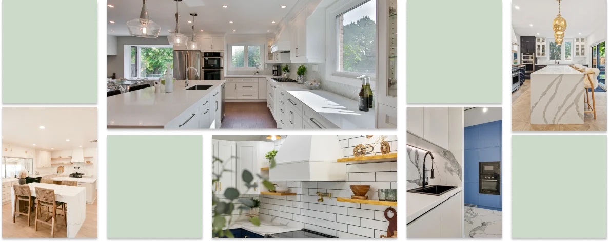 Collage of green boxes and photos of luxury kitchen renovations