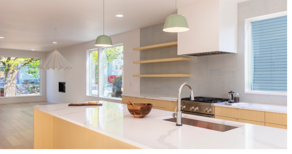 Interior of kitchen remodel with large island