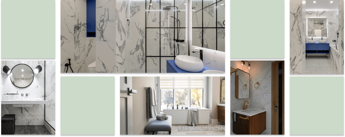 Collage of green boxes and photos of modern bathrooms