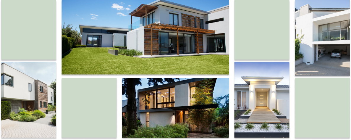 Collage of green boxes and photos of new construction home exteriors