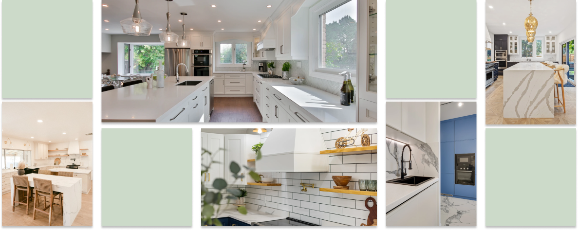 Collage of green boxes and photos of renovated kitchens