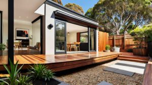 Sunroom opening onto added deck and courtyard