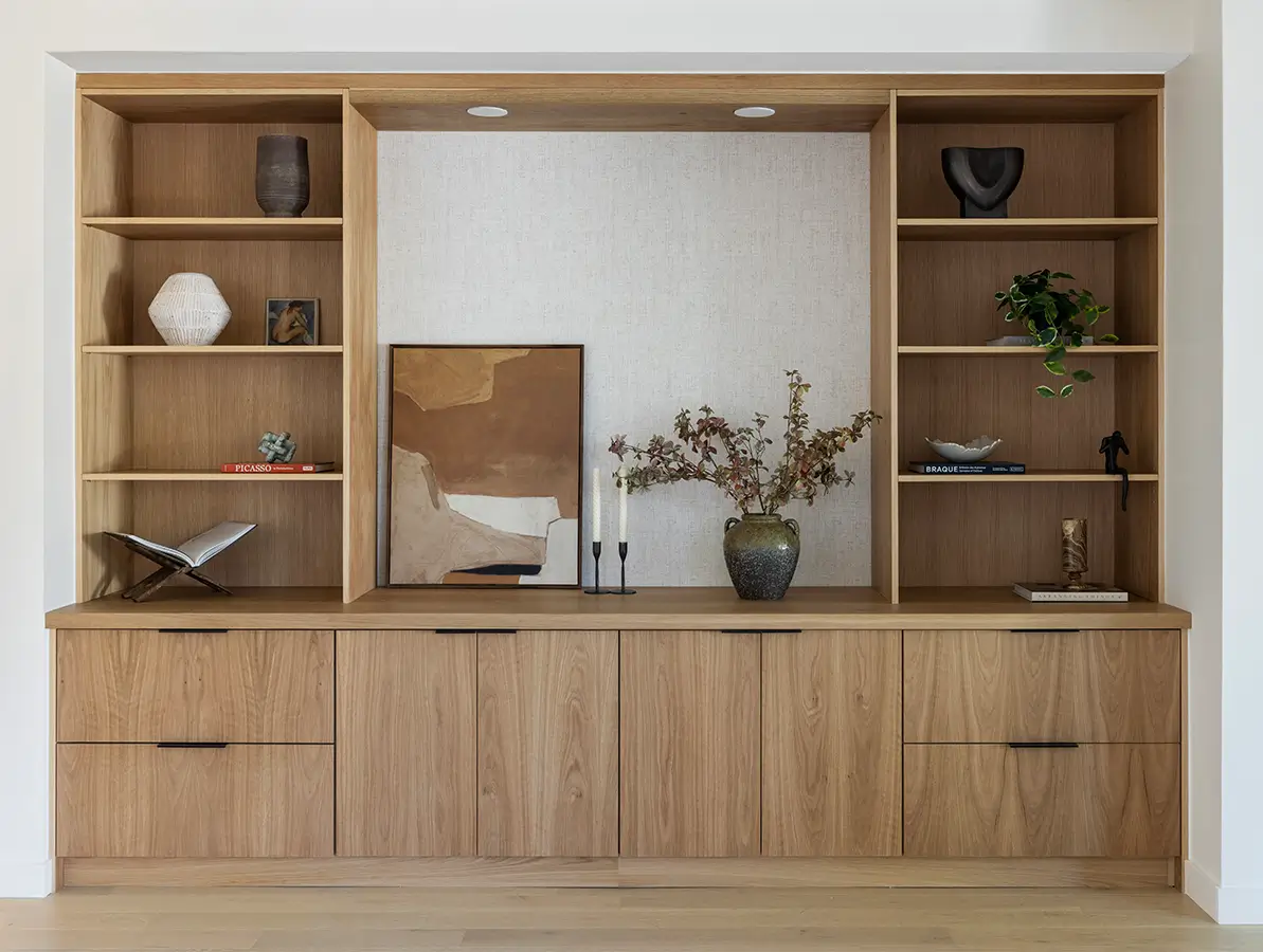 Home remodel of a stylish wooden shelving