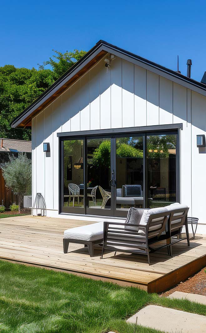 A backyard ADU on a sunny day.