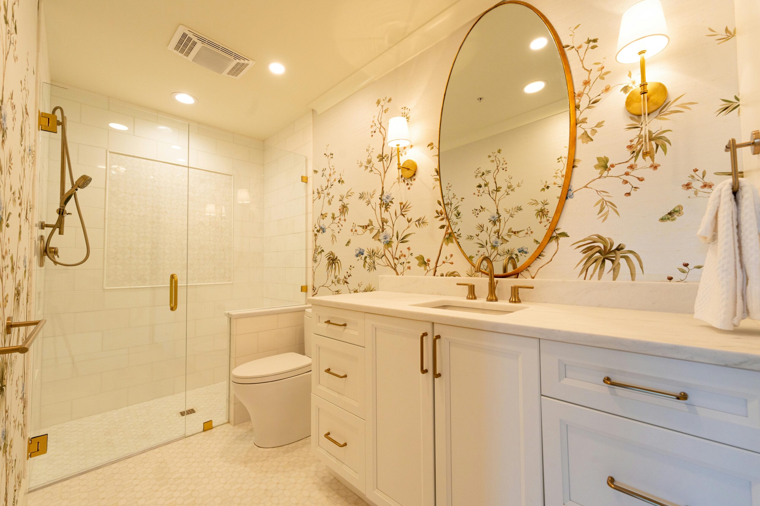 Elegant bathroom with floral wallpaper