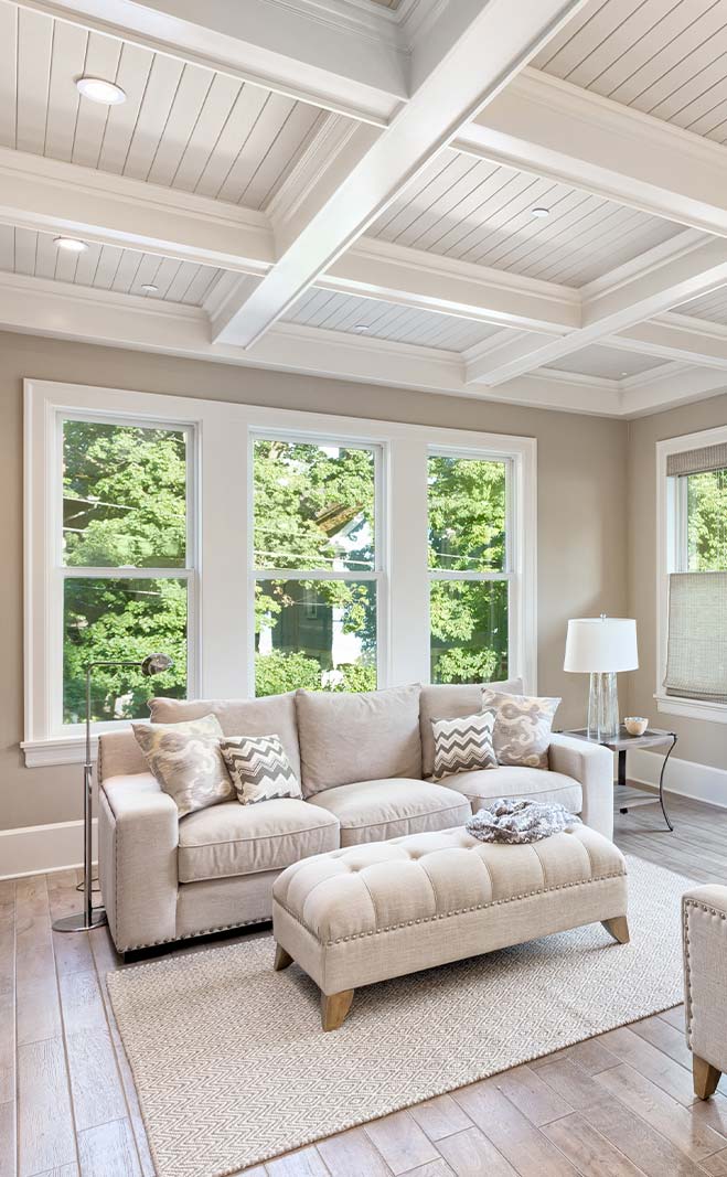 A bright sunlit room with comfortable furnishings