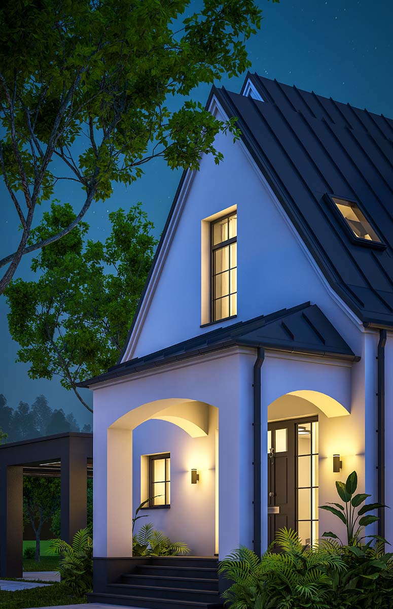 A detached custom ADU at night