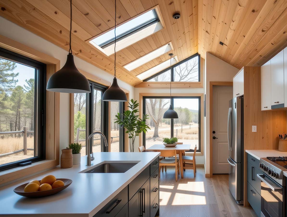 The interior of a modern ADU kitchen.