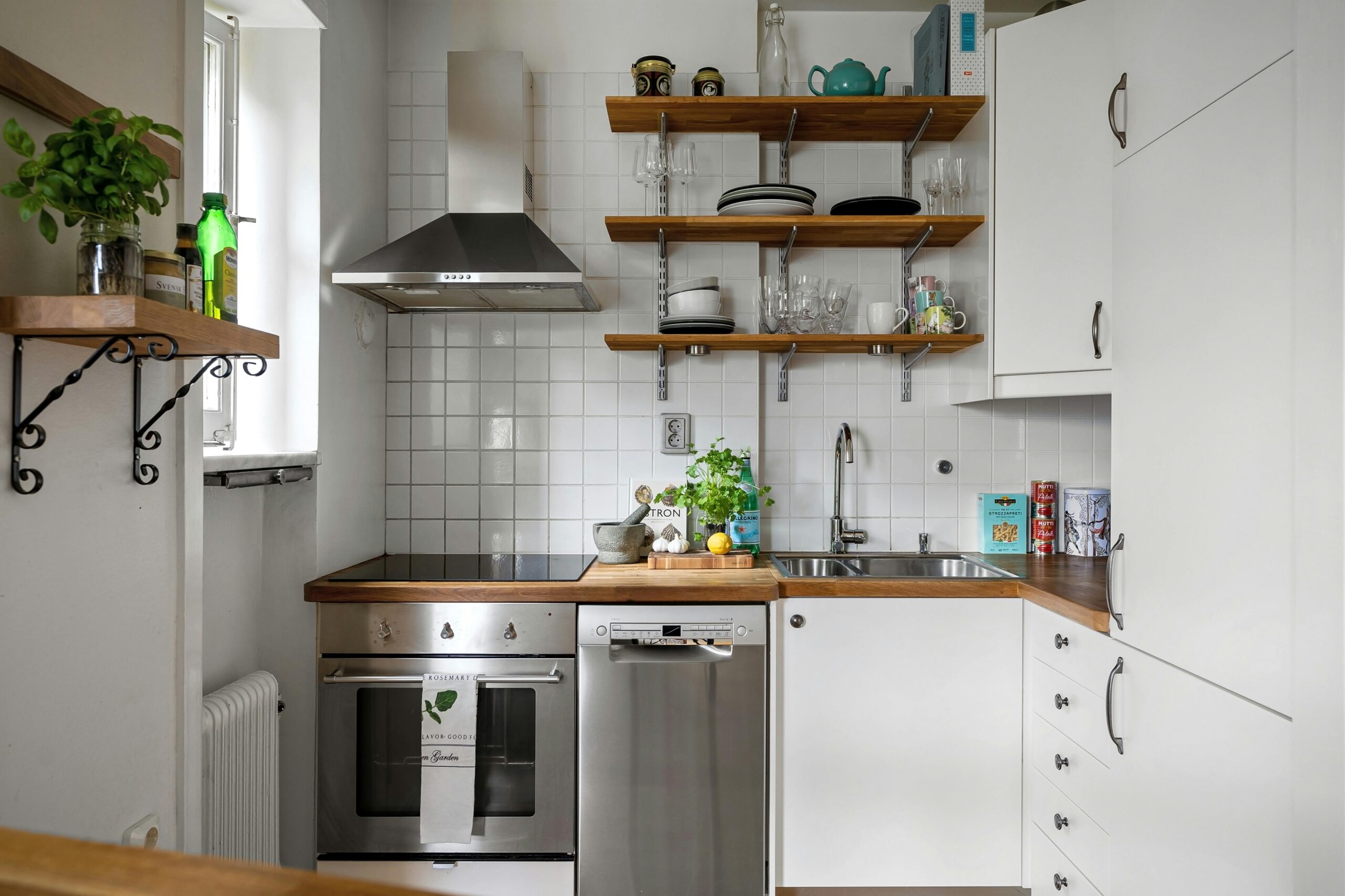 A customized kitchen with cabinets & appliances
