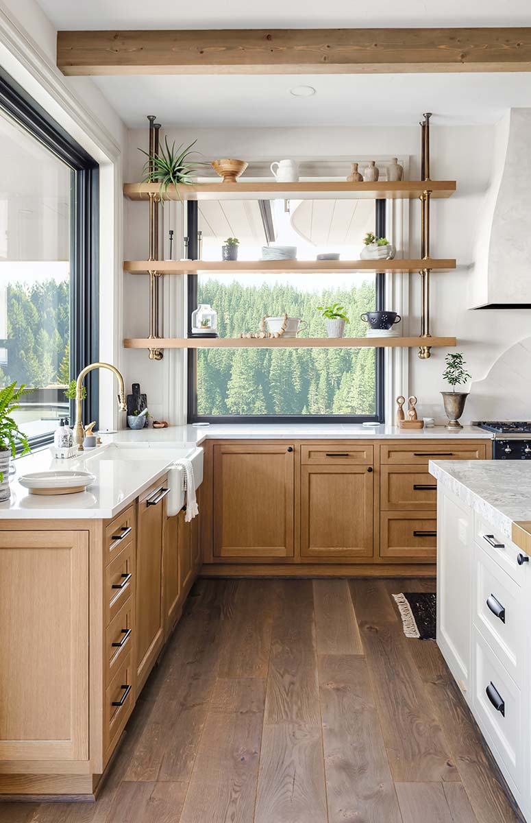 a kitchen with a stone countertop