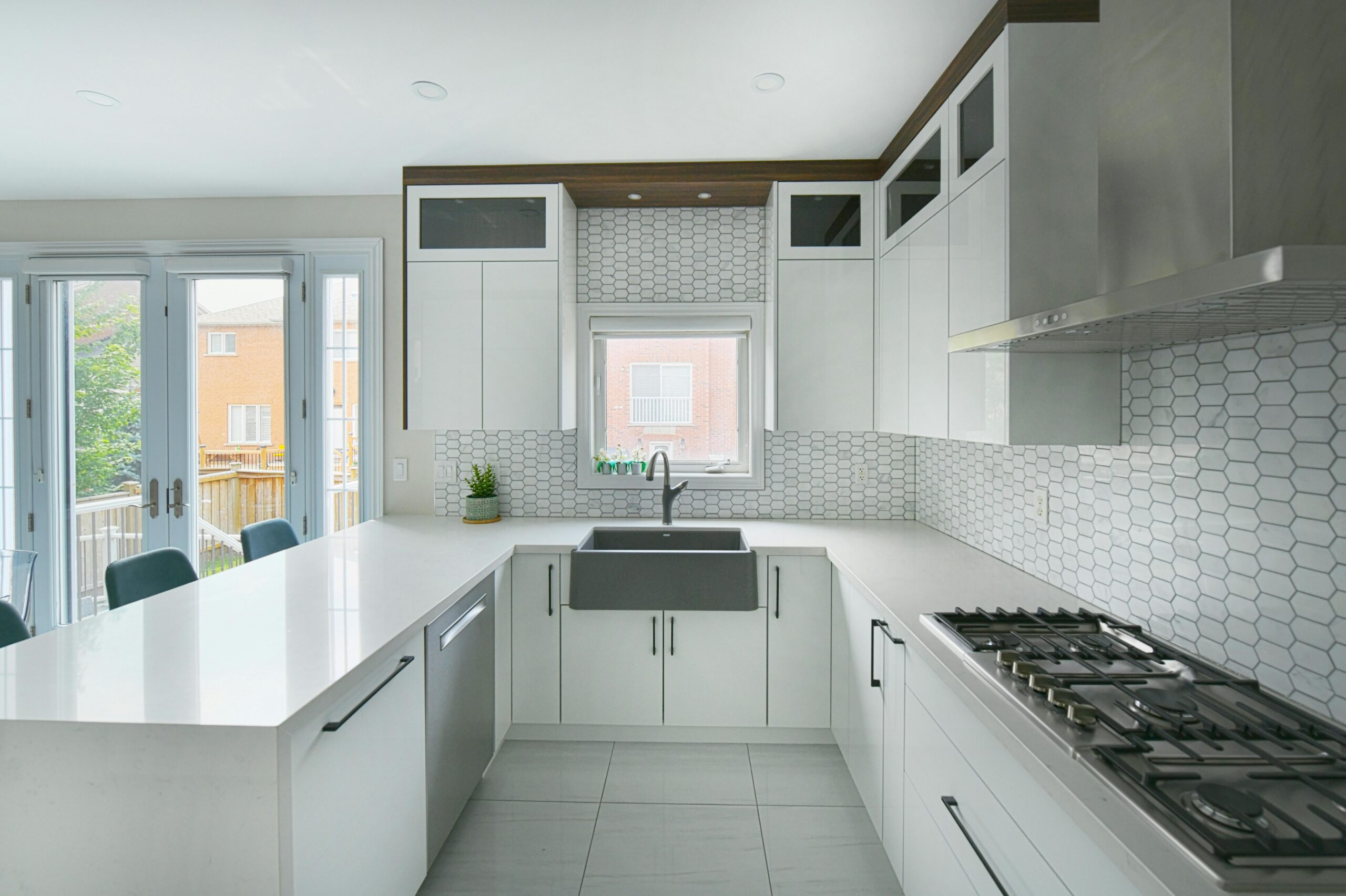 Modern white kitchen with island & sink