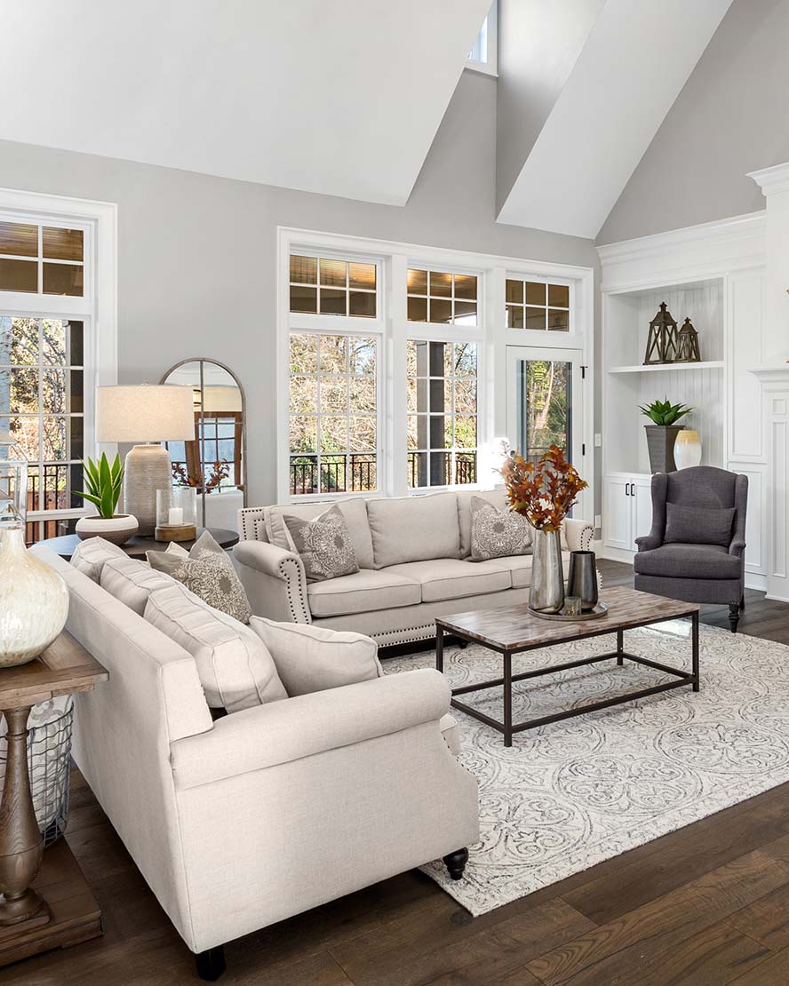 A living room with modern interiors & furnishings