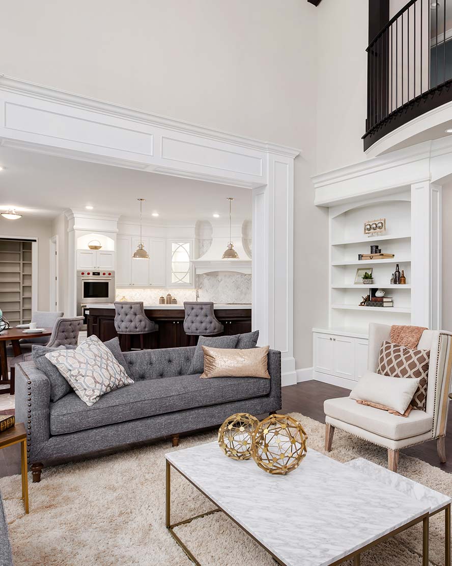 Interiors of a modern living room with furniture