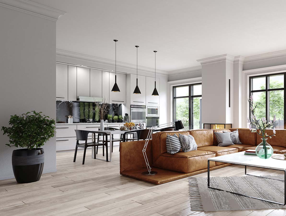 A stylish living room and kitchen