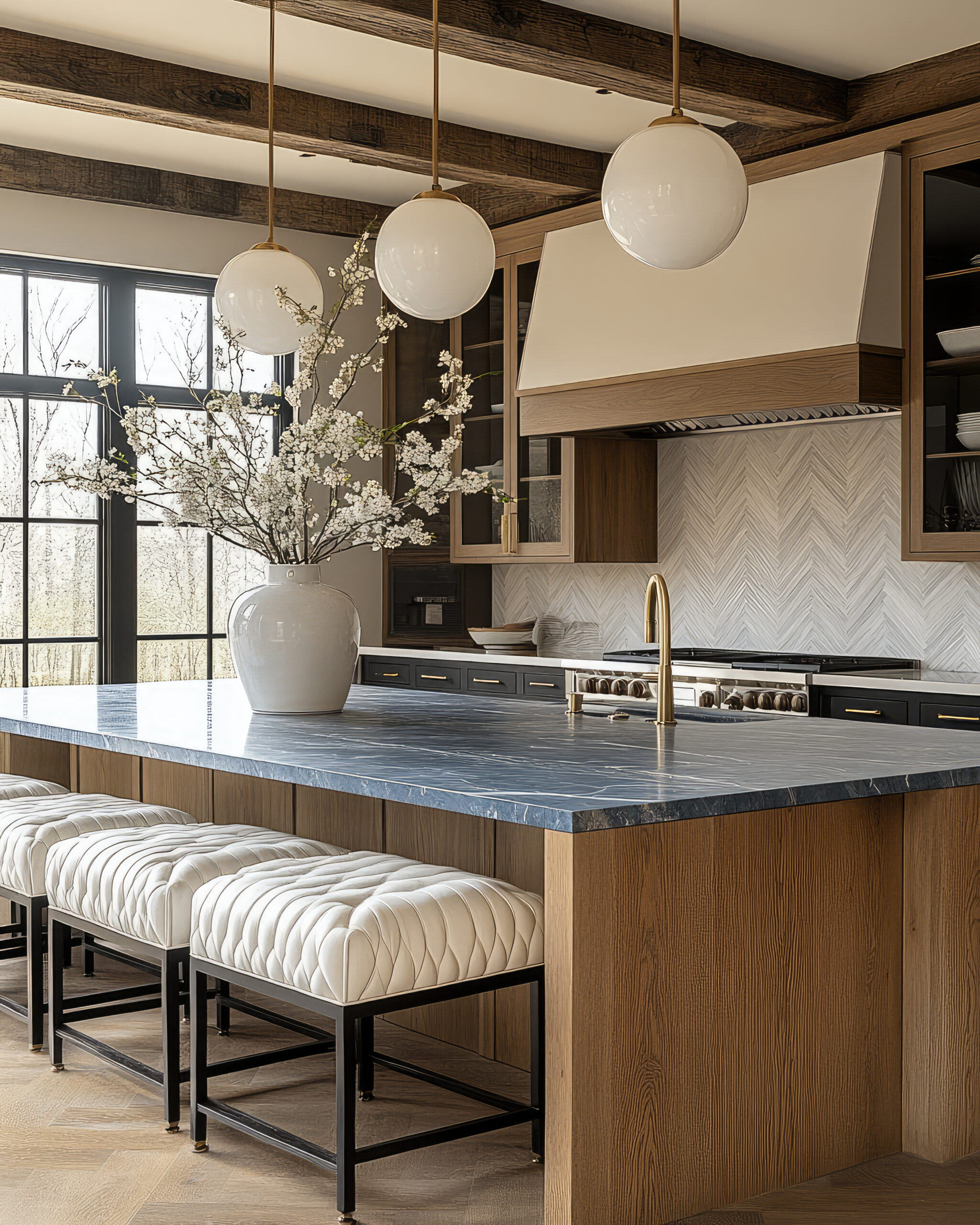 A modern kitchen with a large island & marble countertop, stylish bar stools, and elegant pendant lights.