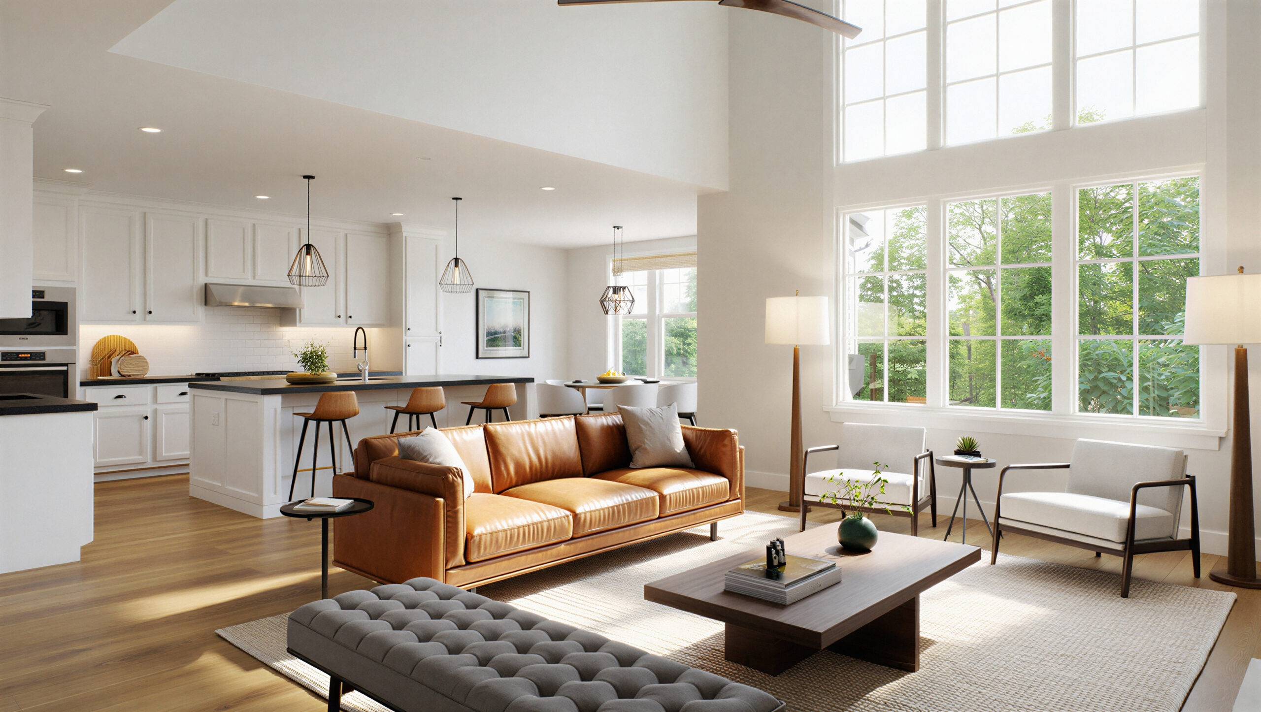 A modern living room & attractive kitchen interior