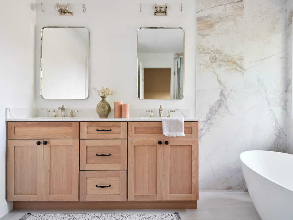 Custom bathroom remodel with double vanity and freestanding tub