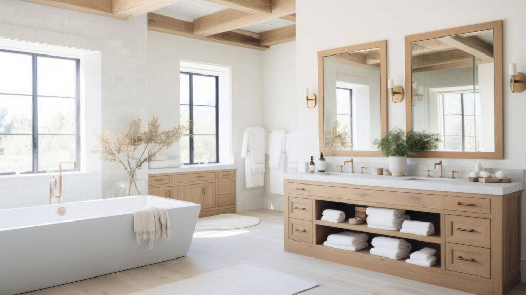 Luxury bathroom remodel with light wood vanity and freestanding tub