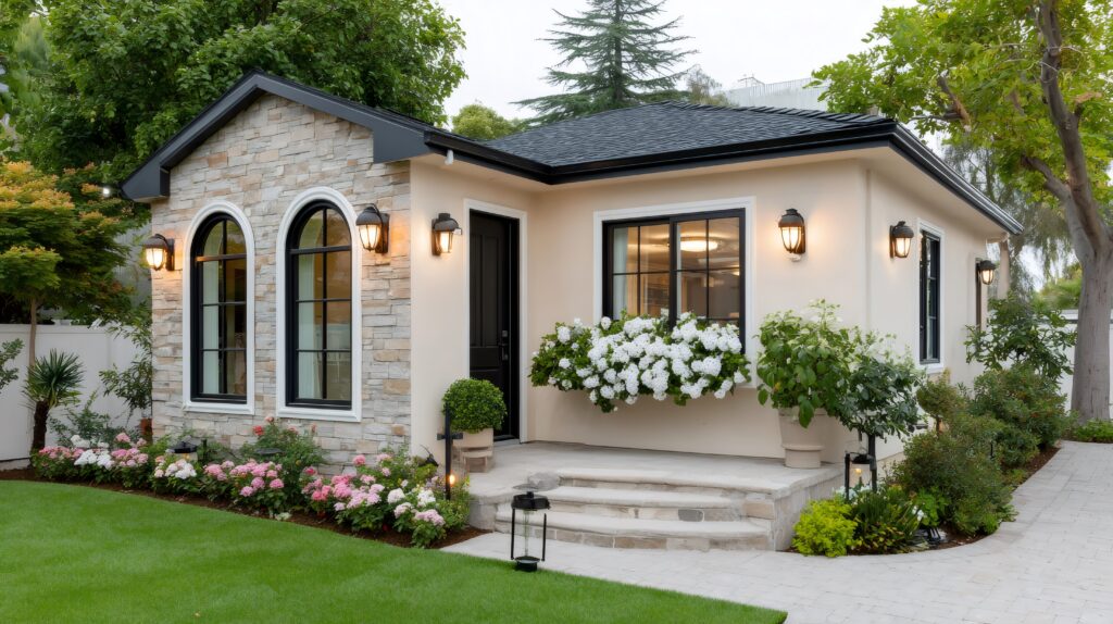 A white ADU with flowers and big windows.