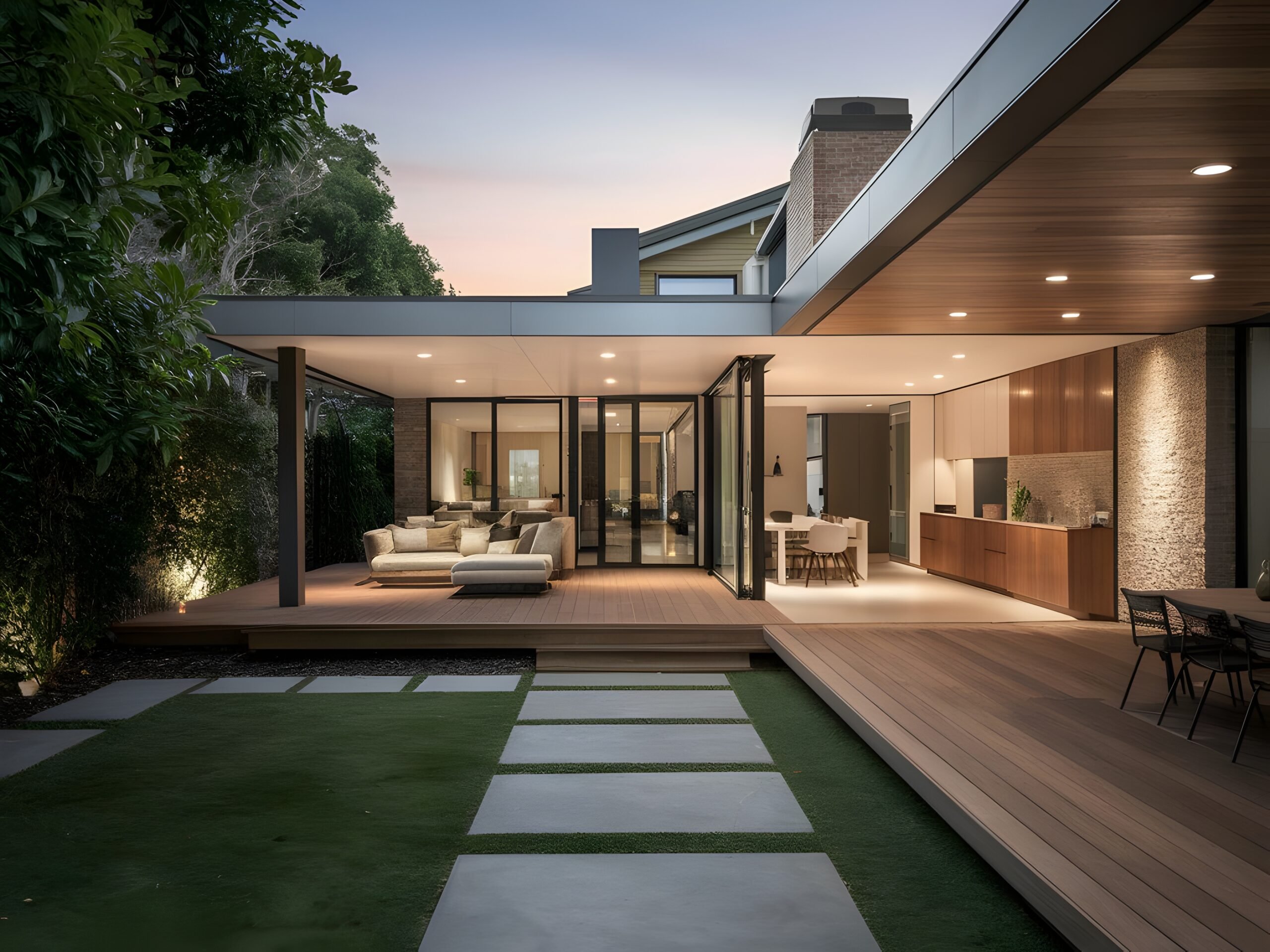 Modern new home backyard with covered patio, retractable walls, and landscaped yard.