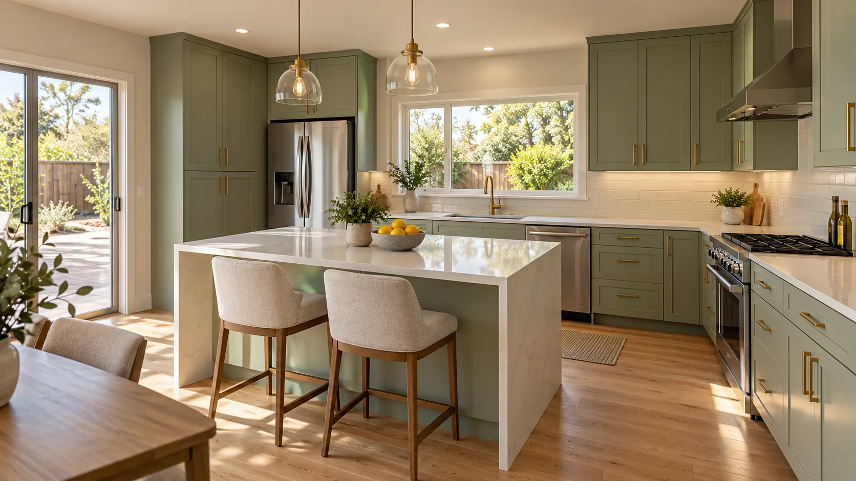 Kitchen remodel by a home remodeler San Jose homeowners trust, with sage cabinets and a quartz island