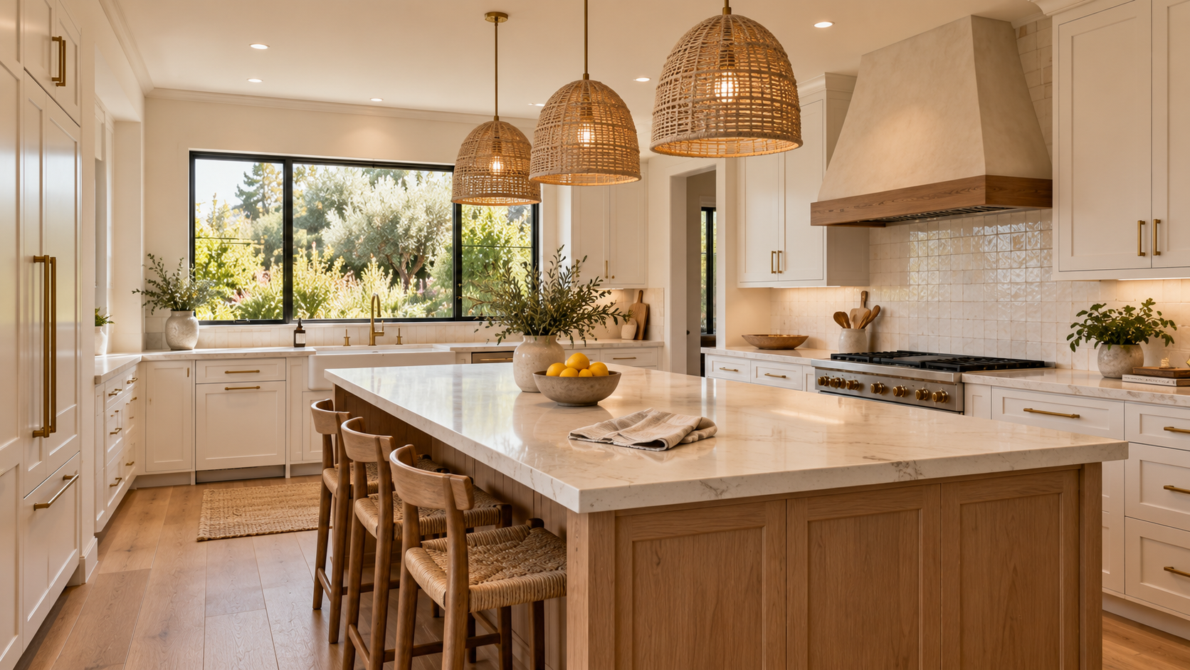 Elegant kitchen island with marble countertop and wooden stools