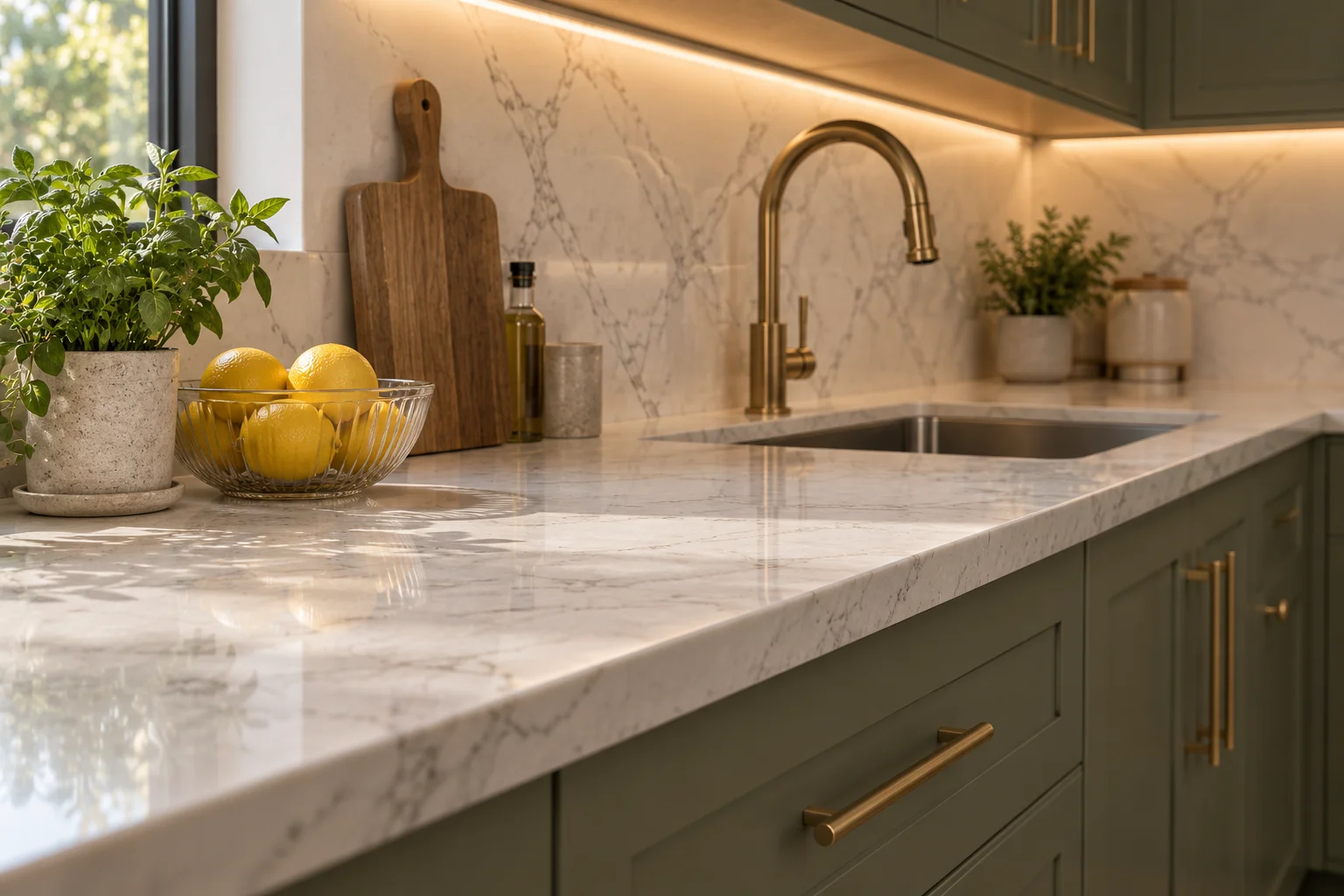 White quartz countertop with sage green cabinets in a remodeled Cupertino kitchen