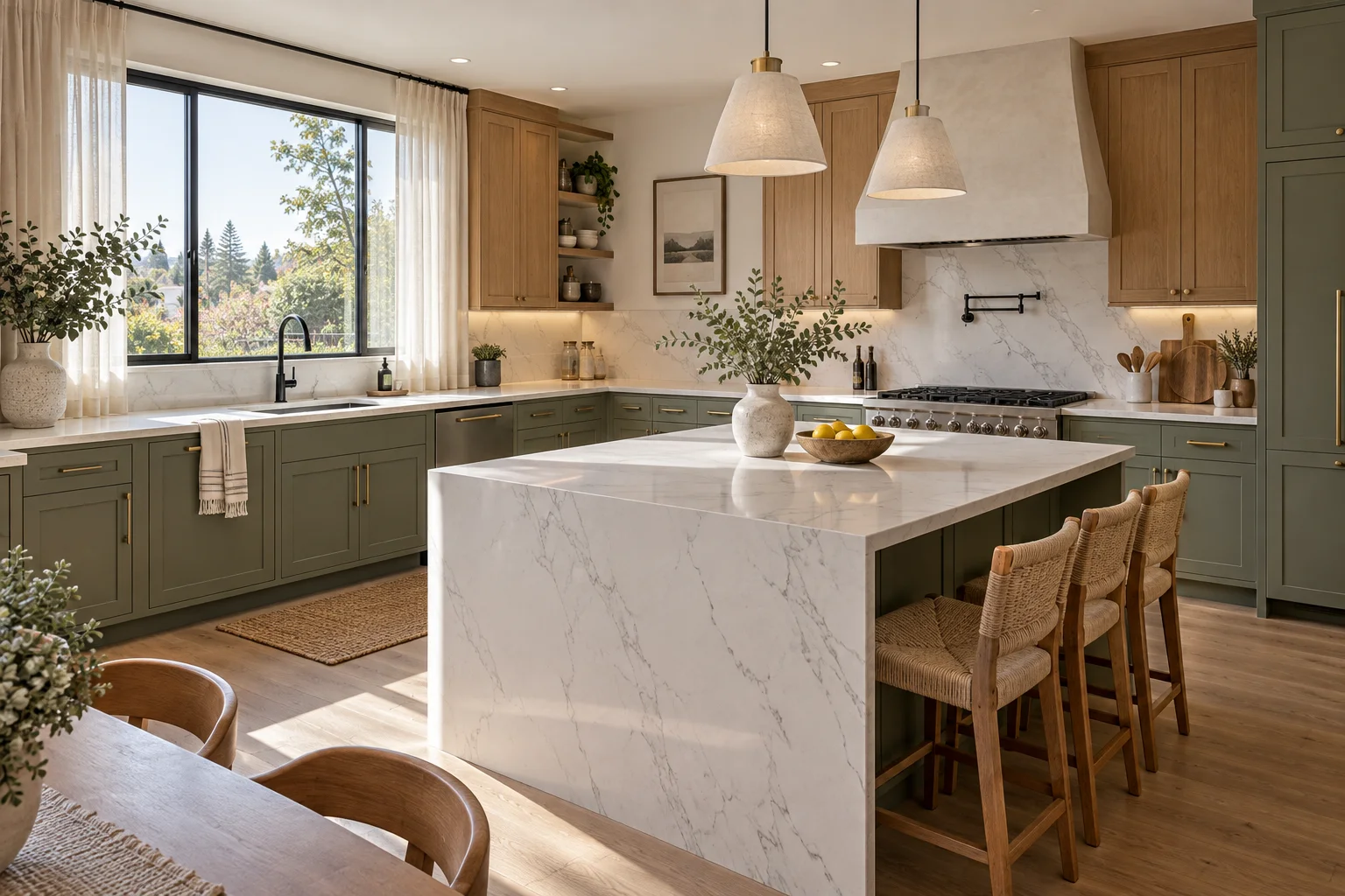 Open-concept remodeled kitchen with a natural stone island and walnut cabinets