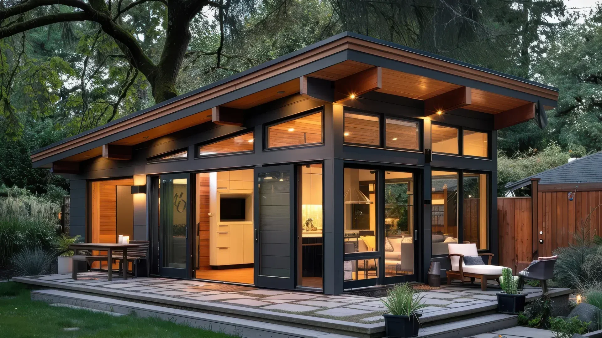 A modern guest ADU in the backyard