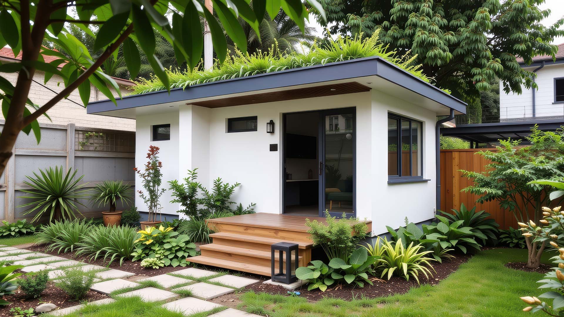 Modern backyard ADU in Mountain View with green roof