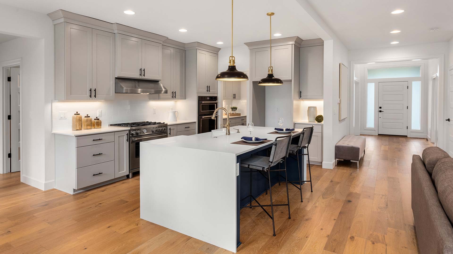 A modern kitchen with an island.