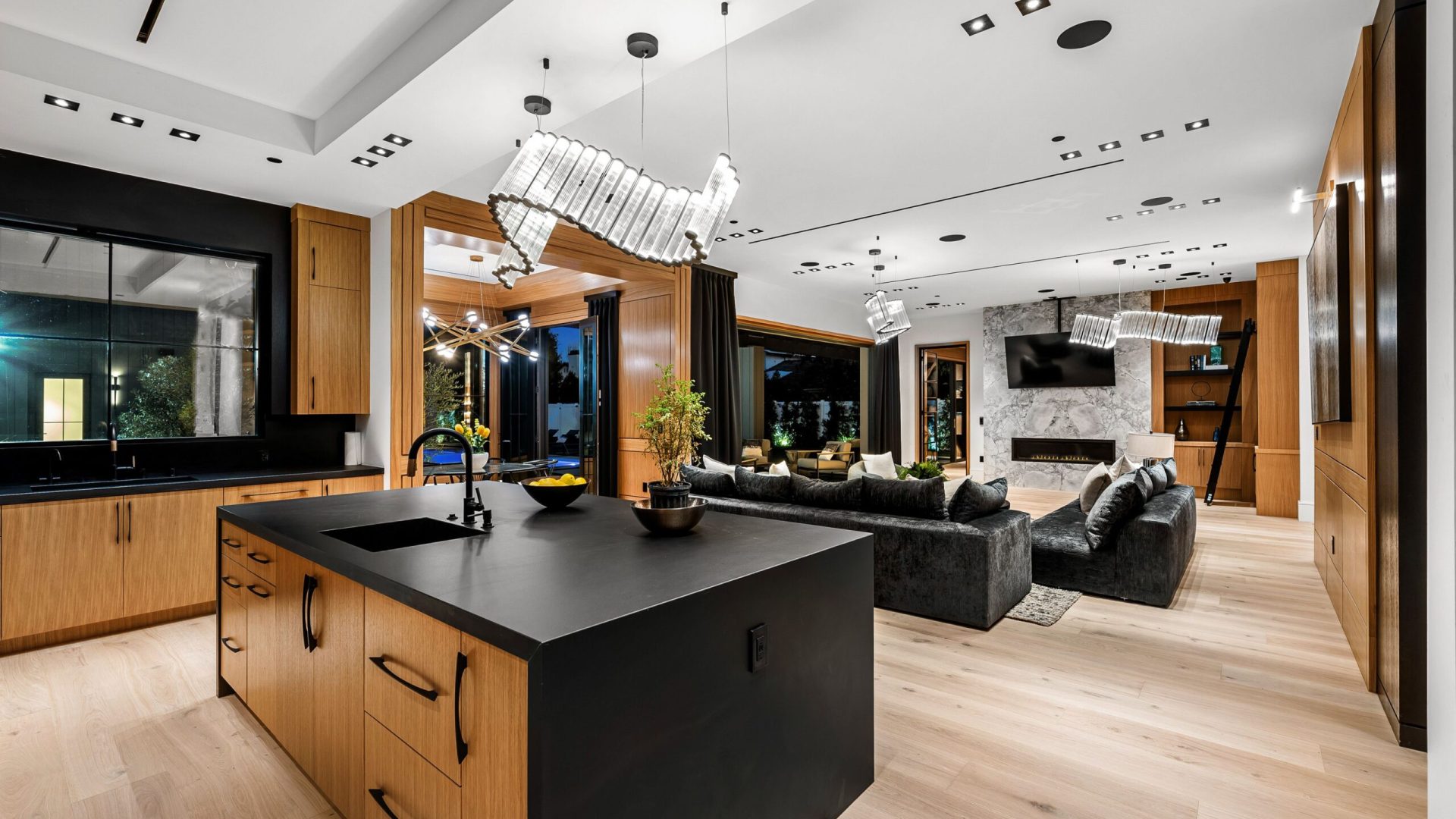 A modern, spacious kitchen and living room